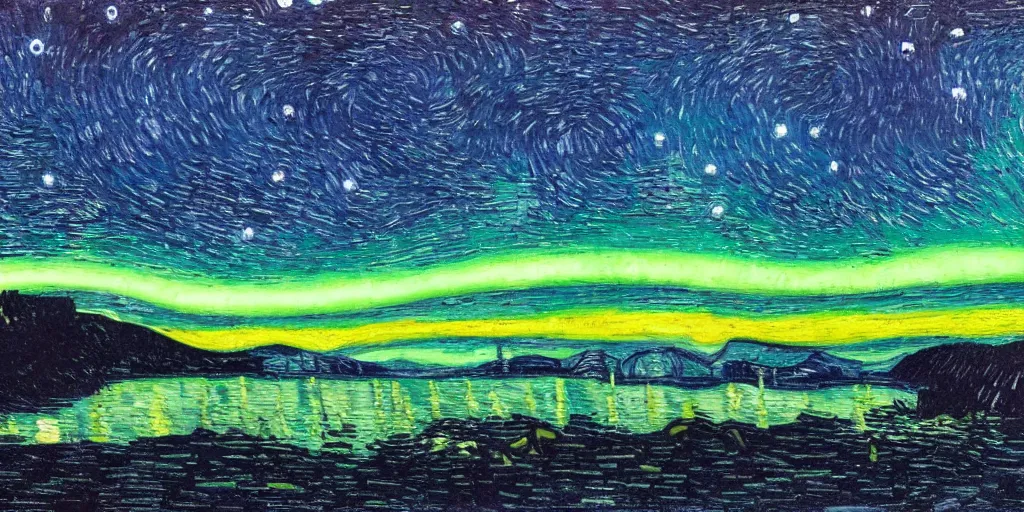 Prompt: northern lights over lopez island, wa, starry night, vincent van gogh