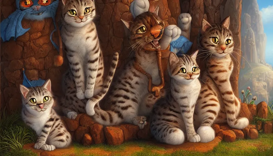 Image similar to artwork of really tall sitting cats by justin gerard, thick brush, 4 k resolution