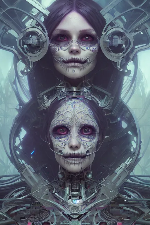 Prompt: ultra detailed female android, scifi, fantasy, octane render, ( dia de los muertos ), asymmetrical, intricate concept art, intricate detailed environment, global illumination, art by godmachine and michael welan and rossdraws and greg rutkowski and alphonse mucha and loish and wlop