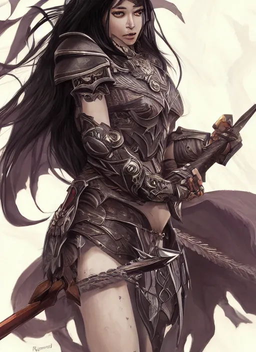 Image similar to beautiful warrior lady, black long hair, practical armor, brown skin, demonic eyes, low fantasy, extremely detailed, sharp focus, smooth, digital illustration, by rossdraws, frank franzzeta, sakimichan