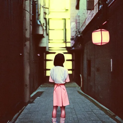 Image similar to 1990s perfect 8K HD professional cinematic photo of a japanese schoolgirl, in sci-fi alleyway at evening, at instagram, Behance, Adobe Lightroom, with instagram filters, depth of field, taken with polaroid kodak portra