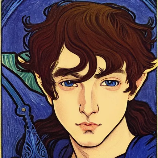 Image similar to painting of young handsome beautiful paladin elf!! man with long! wavy dark hair and blue eyes in his 2 0 s named taehyung minjun james fighting goblins, pale, wearing armor!, gorgeous hair, elf ears, icy eyes, elegant, cute, delicate, soft facial features, art by alphonse mucha, vincent van gogh, egon schiele,