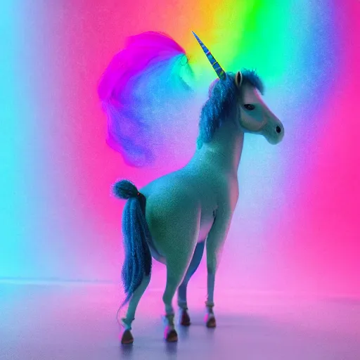 Image similar to full body pose, hyperrealistic photograph of a cute fuzzy rainbow unicorn, dim volumetric lighting, 8 k, octane beautifully detailed render, extremely hyper detailed, intricate, epic composition, cinematic lighting, masterpiece, trending on artstation, very very detailed, stunning, hdr, smooth, sharp focus, high resolution, award, winning photo, dslr, 5 0 mm