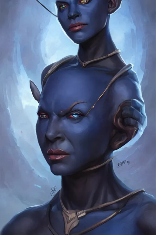 Image similar to shirley ann manson as a dark blue skinned tiefling, d & d, fantasy, portrait, highly detailed, headshot, digital painting, trending on artstation, concept art, sharp focus, illustration, art by artgerm and greg rutkowski and magali villeneuve