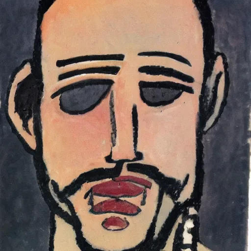 Prompt: a portrait lenny from motorhead in the style of amedeo modigliani