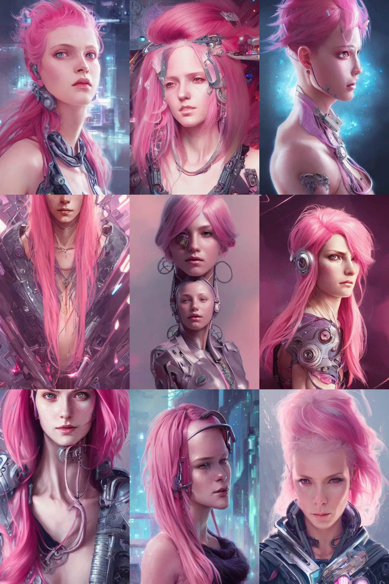 Prompt: Ultra realistic illustration, woman with pink hair cyberpunk sci-fi, fantasy, intricate, elegant, highly detailed, digital painting, artstation, concept art, smooth, sharp focus, illustration, art by artgerm and greg rutkowski and alphonse mucha