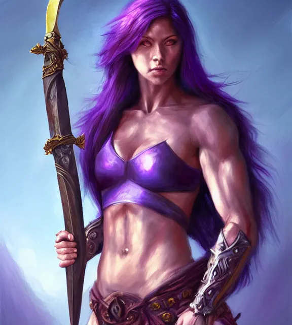 Image similar to muscular female warrior holding giant dagger, perfect face, diadem, black halter top, purple hair, abs, cinematic, blush, stunning, athletic, strong, agile, highly detailed, psychedelic, digital painting, artstation, smooth, hard focus, illustration, art by jessica rossier and and brian froud