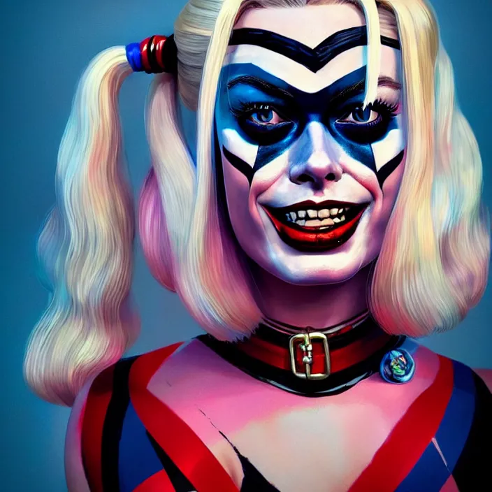 Image similar to portrait of Margot Robbie as a harley quinn. intricate abstract. intricate artwork. by Tooth Wu, wlop, beeple, dan mumford. octane render, trending on artstation, greg rutkowski very coherent symmetrical artwork. cinematic, hyper realism, high detail, octane render, 8k, iridescent accents