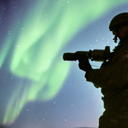 Image similar to a high quality color extreme closeup film 3 5 mm depth of field photograph of a us soldier's face as he frantically iss pouring a can of gasoline along the perimeter of homes in mcmurdoch station in antarctica in 1 9 8 2 with the aurora borealis in the sky at night