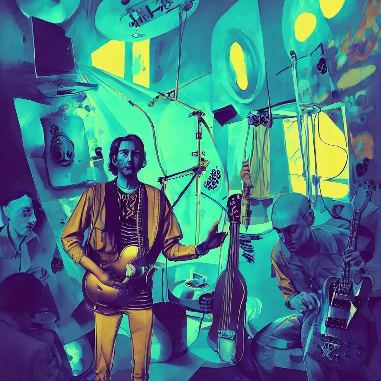 Prompt: duotone trippy 1 9 6 0 s lsd concept illustration portrait of a hippy rock musician. studio scene. volumetric lighting. golden ratio accidental renaissance. by sachin teng and sergey kolesov and ruan jia and heng z. graffiti art, scifi, fantasy, hyper detailed. octane render. concept art. trending on artstation.