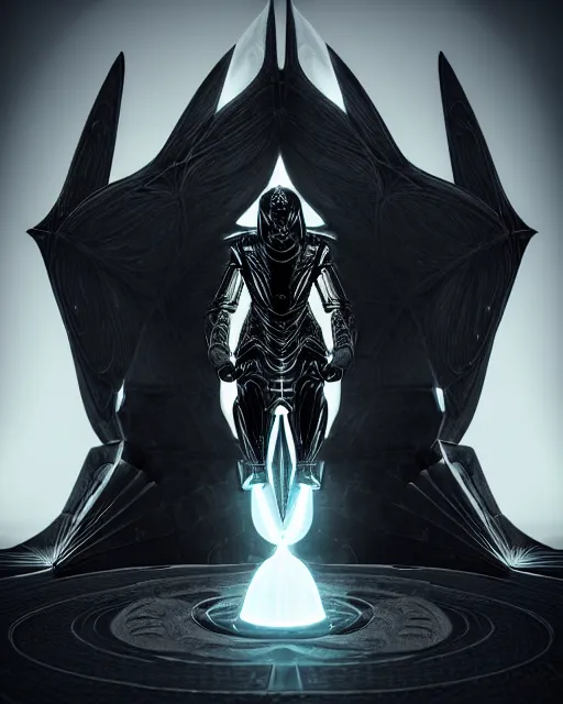 Image similar to god of light and darkness, stunning, majestic, black silver armor, portal of light, throne, sitting, shadows, illusion, spectral, deja vu, fantasy, magic, geometric, fractal, bioluminescense, hyper realistic, unreal engine in the style of beeple and stuz 0 r