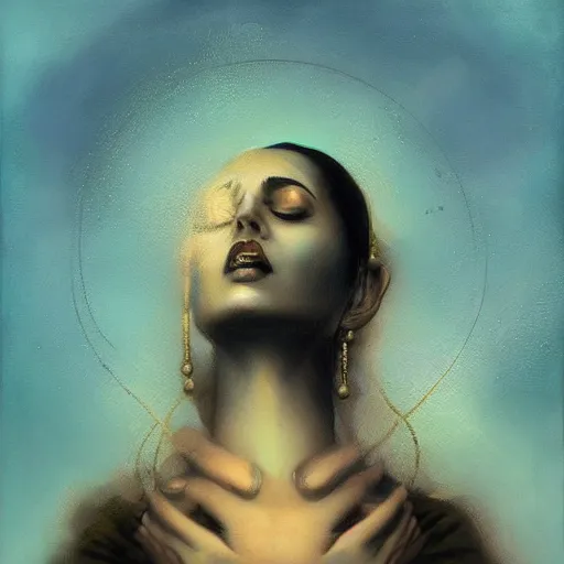 Image similar to old Desi majestic lady guru, looking upwards, despair, kneeling, mystic, blue, by Anato Finnstark, Tom Bagshaw, Brom