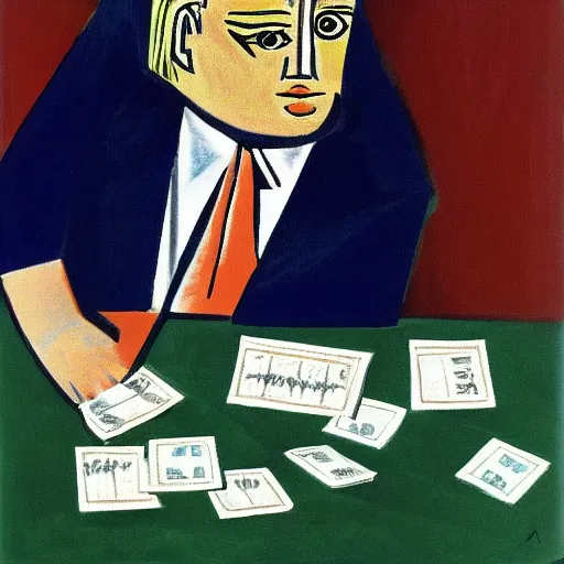 Prompt: Donald Trump counting money in his office by Pablo Picasso