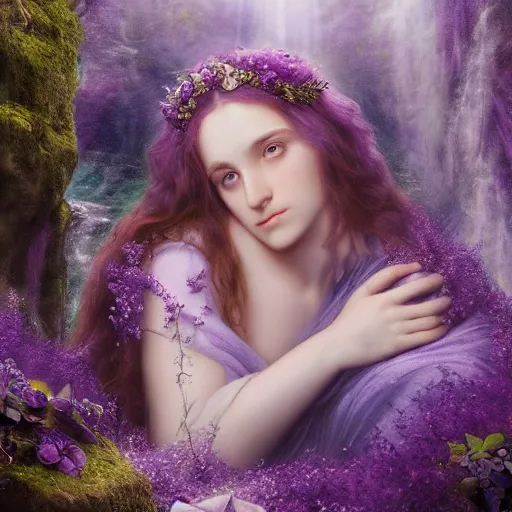 Image similar to a cinematic portrait of a romantic pre - raphaelite purple styled fairy surrounded by amethysts, sitting in a mystical waterfall cave, lilac sunrays, matte painting, highly detailed, 8 k