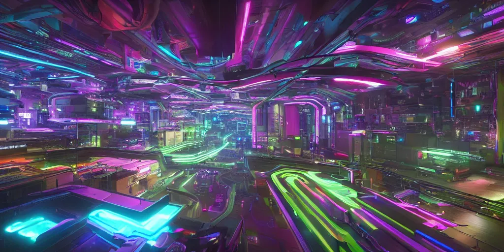 Image similar to a seamless HDRI of highly detailed circuitry and neural pathways in rainbow hues, cyberpunk, unreal engine 4K,