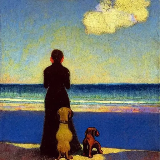 Image similar to a woman and her chiweenie looking out to sea by odilon redon