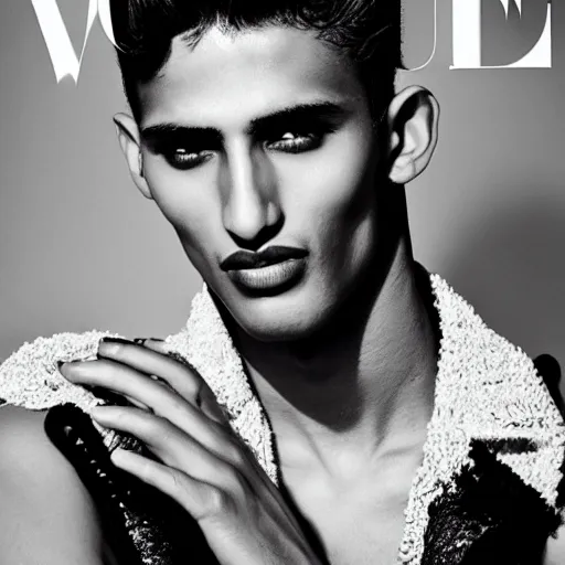 Image similar to a beautiful professional black and white photograph by hamir sardar, herb ritts and ellen von unwerh for the cover of vogue magazine of an unusually handsome moroccan male fashion model looking at the camera in a flirtatious way, leica 5 0 mm f 1. 8 lens