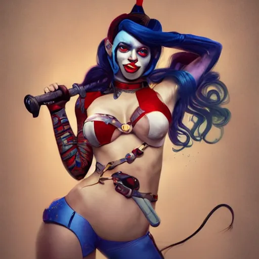 Image similar to Harley Quinn but she's a beautiful ape with long pony tails on either side of her head, mucha, mayhem, illustration, by James Jean, artgerm, octane render, by John Coltrane and Marc Simonetti, Manic, inspired by Greg rutkowski, colorful, studio lighting, blender,