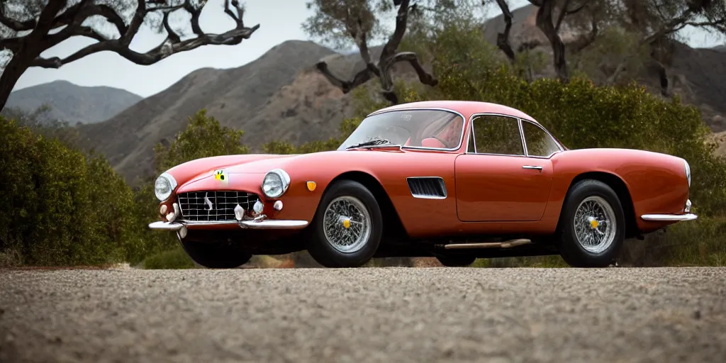 Image similar to photograph, 1958 FERRARI 250 GT, copper paint, by Peter Singhof, press release, cinematic, malibu canyon, 8k, depth of field, bokeh. rule of thirds