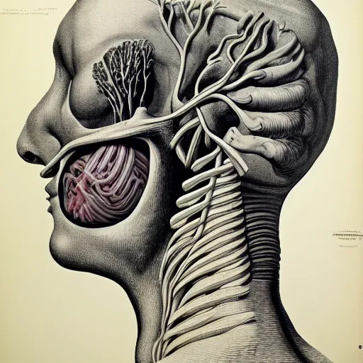 Image similar to surreal lung head anatomical atlas dissection center cut, lithography on paper conceptual figurative ( post - morden ) monumental dynamic soft shadow portrait drawn by hogarth and escher, inspired by goya, illusion surreal art, highly conceptual figurative art, intricate detailed illustration, controversial poster art, polish poster art, geometrical drawings, no blur