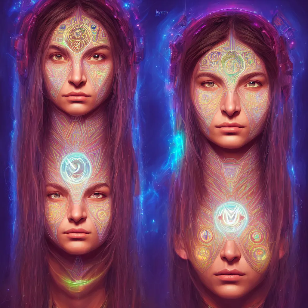 Image similar to portrait of a future metaverse ayahuasca tech shaman warrior, 2 d cartoon, visionary art, symmetric, magick symbols, holy halo, shipibo patterns, sci - fi, concept art, trending on art station, 8 k digital art, by mandy jurgens, fantasy portrait art, anime