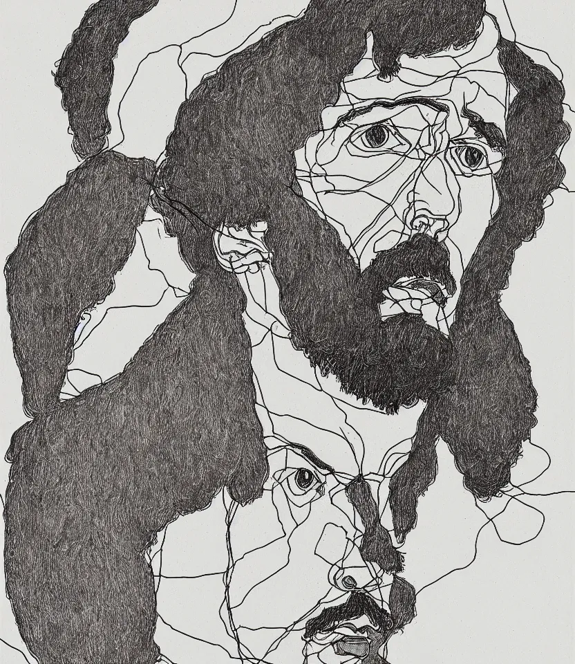 Prompt: detailed line art portrait of fyodor dostoevsky, inspired by egon schiele. caricatural, minimalist, bold contour lines, musicality, soft twirls curls and curves, confident personality, raw emotion