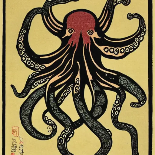 Prompt: octopus woodblock print by kuniyoshi