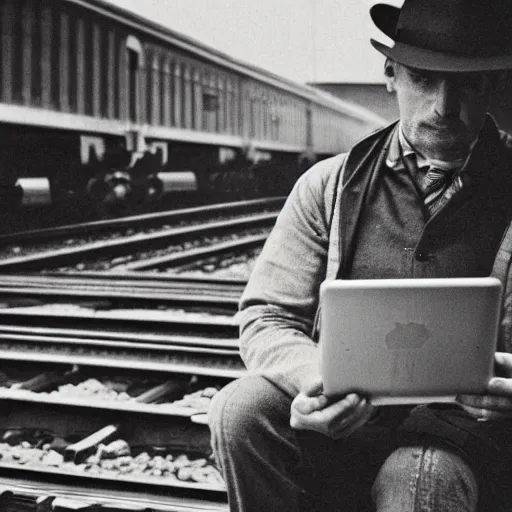 Prompt: turn of the century sepia photo of a man waiting at the train station while holding an ipad