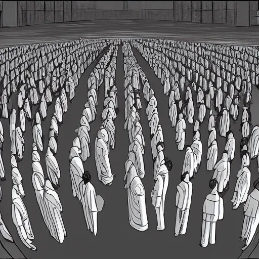 Prompt: wide shot of souls lining up to be judged by a demigod, scales of justice, portal to afterlife, digital art