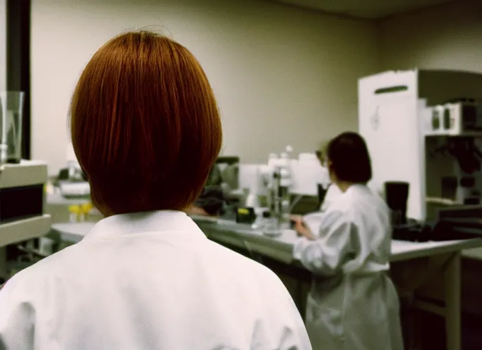 Image similar to a 3 5 mm photo from the back of a woman wearing a white lab coat standing in a laboratory, bokeh, canon 5 0 mm, cinematic lighting, dramatic, film, photography, golden hour, depth of field, award - winning, 3 5 mm film grain, retro, film, kodachrome, closeup