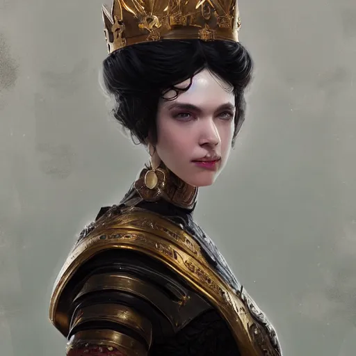 Image similar to portrait of a fantasy tall woman with black hair pale skin and a crown on her head, intricate baroque armour, glowing aura, trending on artstation, 4 k, greg rutkowski, concept art, matte painting,