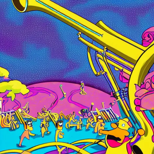 Image similar to Lisa Simpson falling into a giant saxophone, psychedelic art, uhd, matte painting