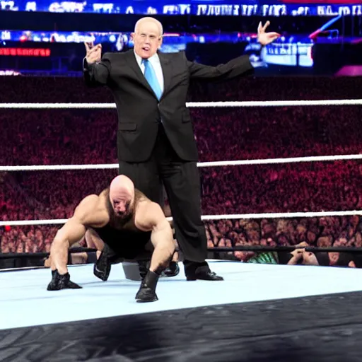 Prompt: benjamin netanyahu in a wwe arena wrestling the undertaker, highly detailed, sharp focus