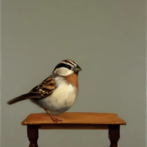 Image similar to an oil paiting of a sparrow perched on a chair, highly detailed, oleo, artstation, sharp focus, by diego velazquez