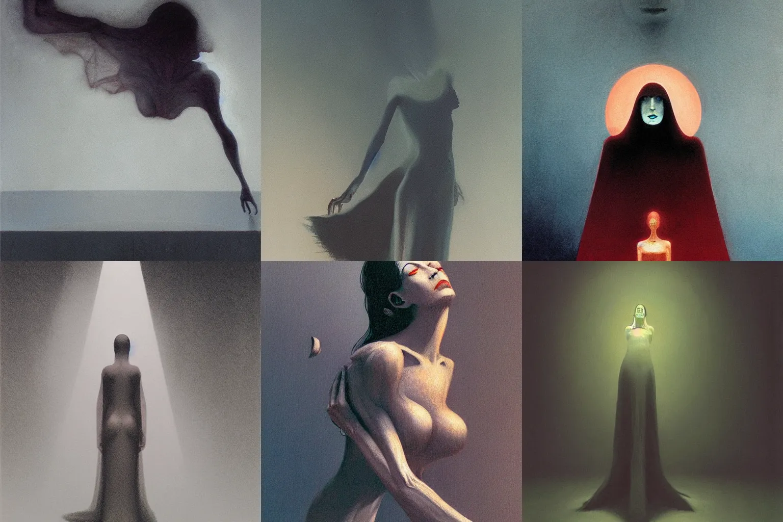 Prompt: dark shrouded woman performing ethereal ritual, expanding energy, epic surrealism by Edward Hopper and James Gilleard, Zdzislaw Beksinski, Katsuhuro Otomo highly detailed