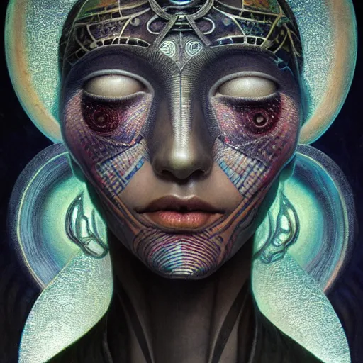 Image similar to beautiful closeup portrait of an art deco shaman, glowing eyes. reflective detailed textures, moth wings, highly detailed dark fantasy science fiction painting by tom bagshaw and michael whelan and diego rivera and annie swynnerton and jean delville, elaborate geometric ornament, ancient runes, silver and cool colors. artstation