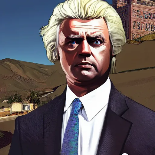 Prompt: Geert Wilders in GTA V, cover art by Stephen Bliss, artstation, no text