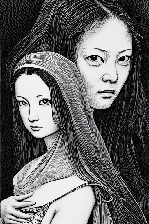 Image similar to beautiful portrait of a woman, negative no not mona lisa pose, highly detailed ink illustration of a dark alley of taipei, b & w clean shaped illustration by kim jung gi, ric estrada, ron english and eiichiro oda