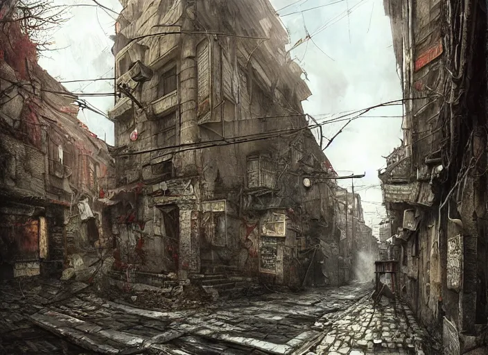 Prompt: street in belgrade, pov, jpeg artefacts on canvas, by seb mckinnon and james gurney and greg rutkowski, highly detailed, hdr