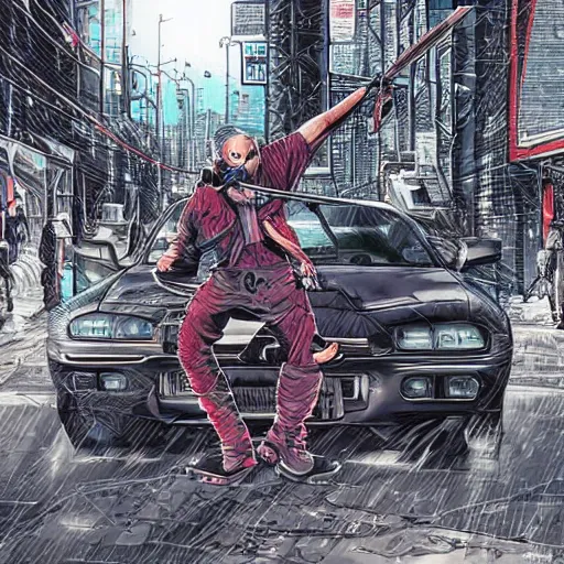 Prompt: beautiful hyper-detailed artwork of a ninja warrior with a sword, driving through the city, in a modified Nissan skyline r34, cyberpunk style