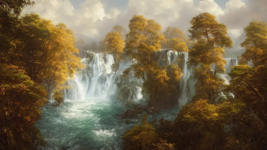 Prompt: the most beautiful panoramic landscape, oil painting, where a giant dreamy waterfall creates a river, the trees around are starting to bloom in a variety of colors, by greg rutkowski, long exposure