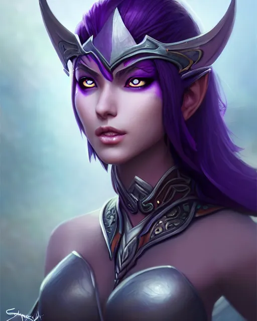 Prompt: character concepta beautiful and strong purple female warrior night elf | | cute - fine - face, pretty face, realistic shaded perfect face, fine details by stanley artgerm lau, wlop, rossdraws, james jean, andrei riabovitchev, marc simonetti, and sakimichan, trending on artstation