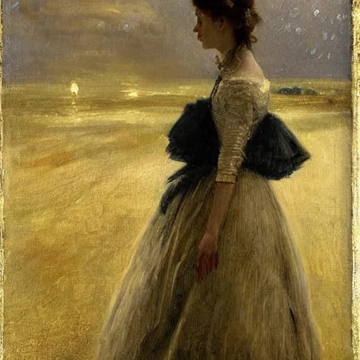 Image similar to young victorian lady in ball gown in a thunderstorm, painted by alfred stevens