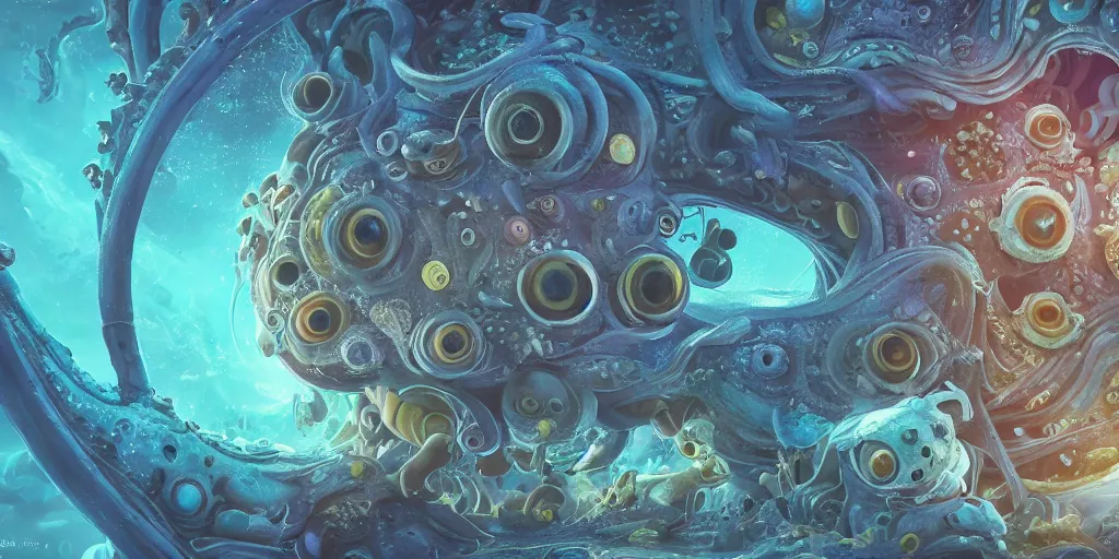 Image similar to of an intricate deep sea with strange cute friendly happy creatures with huge eyes, long tongue, round teeth and goofy funny face, appearing from the background, in the style of gehry and gaudi, macro lens, shallow depth of field, ultra detailed, digital painting, trending artstation, concept art, illustration, cinematic lighting, photorealism, epic, octane render