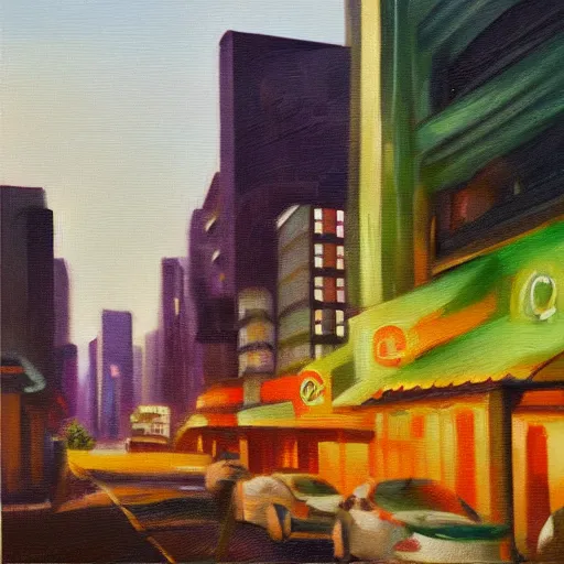 Prompt: dense city canyon emerald light oil painting