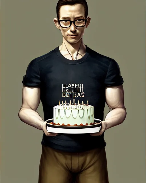 Prompt: portrait of a short man wearing glasses & cycling shorts holding a birthday cake, elegant, real life skin, intricate, high detailed, artstation, concept art, smooth, sharp focus, art by artgerm and greg rutkowski