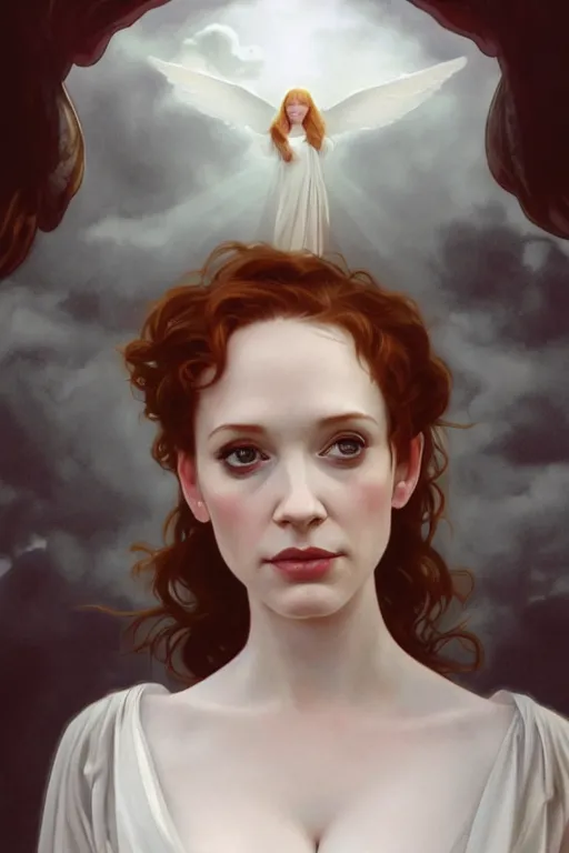 Prompt: symmetrical!! looking at the camera!!! a portrait of an angel young christina hendricks wearing a white silky dress, upper body, concept art, deep focus, sky, heaven, clouds, intricate, highly detailed, digital painting, artstation, matte, sharp focus, illustration, art by greg rutkowski and alphonse mucha