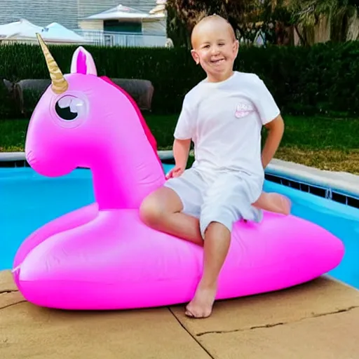 Image similar to success boy riding a unicorn pool float