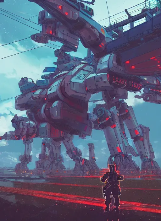 Prompt: intricate digital artwork of a giant japanese anime war mecha by simon stalenhag, by nuthin'but mech, by kallamity sketchbook, inspired by metal gear solid, neon factory background, octane render, cgstation, 4 k resolution