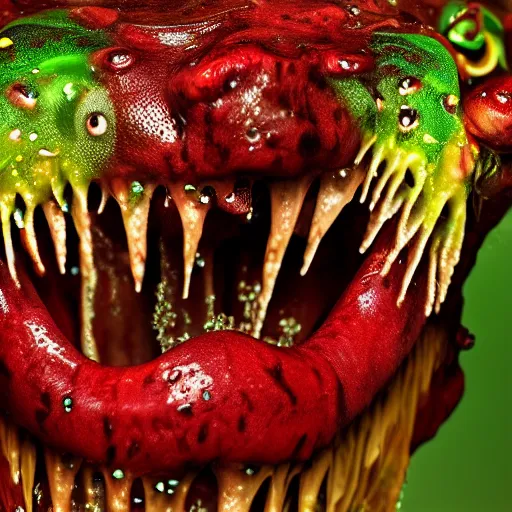 Image similar to slimy monster, long slimy tongue, dripping saliva, macro photo, fangs, red glowing skin, skin with scales, cinematic, tiny glowbugs everywhere, wasps attacking, swamp water, insanely detailed, dramatic lighting